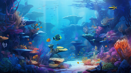 Fototapeta na wymiar underwater world. coral reef with a fish in the ocean