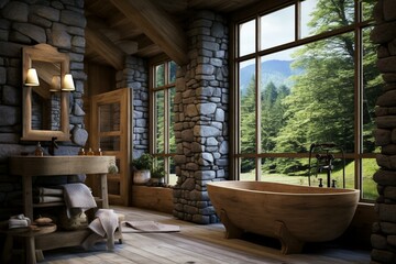 Rustic bathroom with wooden furniture, large windows, and cozy interior. Generative AI