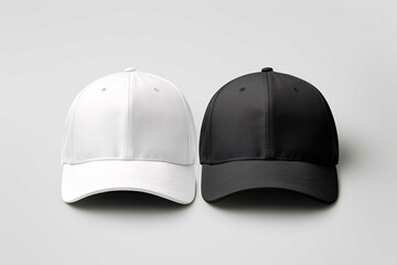 Black and white caps mockup, front view, no people, bright background, closeup