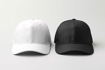 Black and white caps mockup, front view, no people, bright background, closeup