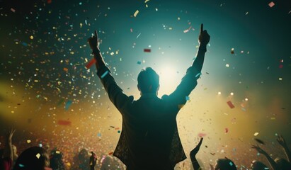 Naklejka premium Celebration. Silhouette of a man in woship with confetti