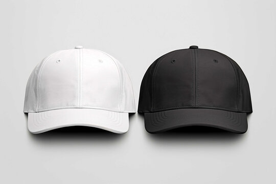 Black and white caps mockup, front view, no people, bright background, closeup