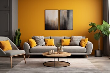 Contemporary living space with yellow and gray painted walls, complemented by a gray sofa. The color scheme reflects the trending shades of 2021. 3D visualization. Generative AI