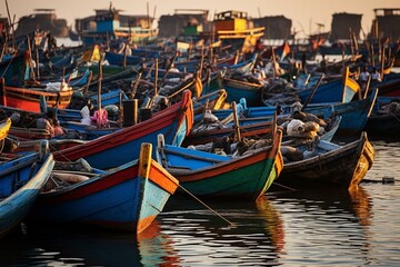 Fototapeta premium Vibrant fishing boats filled the bay of Ngor, Dakar, Senegal, basking under the sun. Generative AI