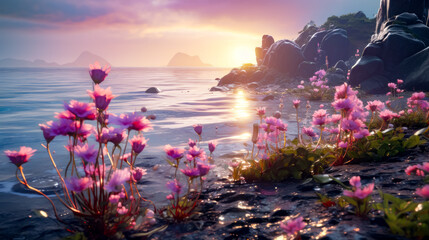 Painting of sunset over the ocean with pink flowers in the foreground.