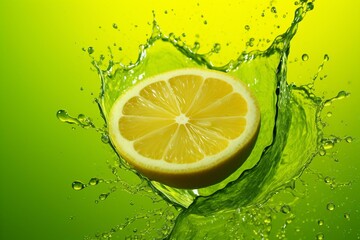 Lemonade splashes on ripe green lemon over a vibrant green backdrop. Generative AI
