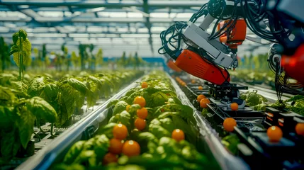 Tuinposter Robot working in greenhouse filled with lettuce and oranges. © Констянтин Батыльчук
