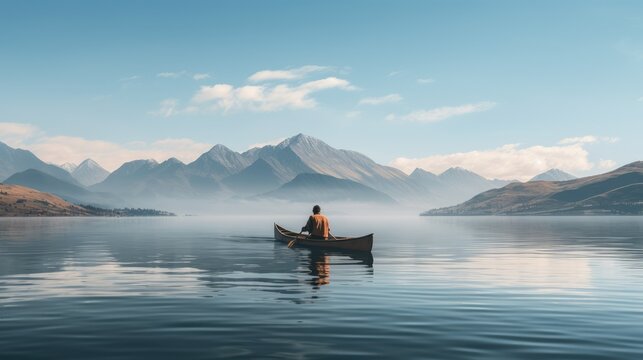 Man in a canoe on the lake with Mount. AI generated Image