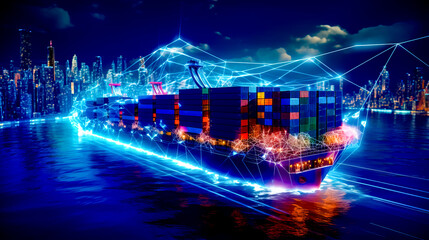 Large cargo ship with lot of lights on it's side.