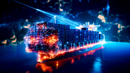Large container ship with lot of lights on it's side.