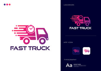 Fast Truck Courier Company Logo Abstract Design Vector Template.
Express Delivery Transportation Icon Design Element.
Fast Delivery Cargo Truck Moving With Speed Motion Concept with App.
