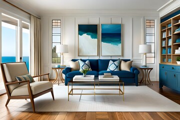 Design a coastal chic living room with nautical 