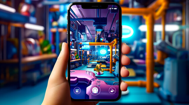 Person holding cell phone with video game on it's screen.