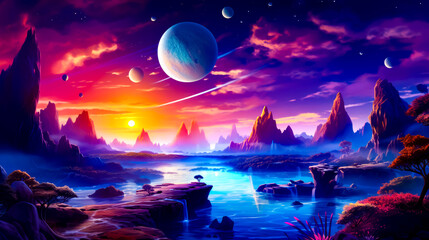 Fototapeta premium Painting of planets in the sky above body of water at sunset.
