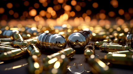 Bunch of shiny gold and silver objects on black surface with blurry lights in the background. - obrazy, fototapety, plakaty