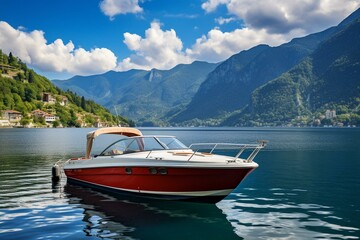 Fototapeta na wymiar Motorboat docked near mountainous lake amidst blue skies. Generative AI