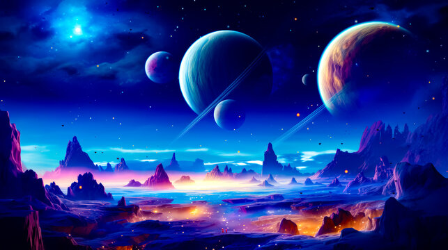 Painting of planets in the sky with mountains and rocks in the foreground.
