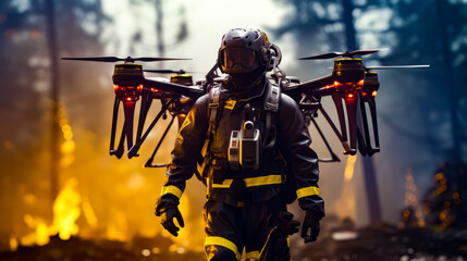 Man in fireman's uniform carrying remote controlled helicopter.