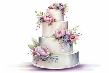 Illustration of a watercolor wedding cake on white background, perfect for rustic wedding decor. Generative AI