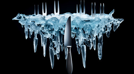 Knife that is sitting next to knife with some ice on it.