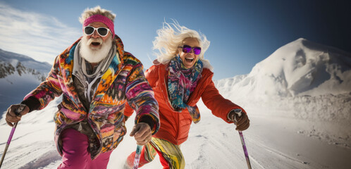 A cheerful pair immerses themselves in an adventurous vacation at a ski resort.