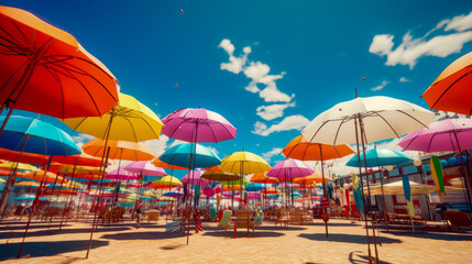 Fototapeta na wymiar Bunch of umbrellas that are sitting in the sand on beach.