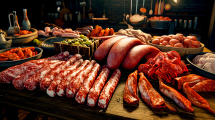 Bunch of different types of meats on wooden table in market.