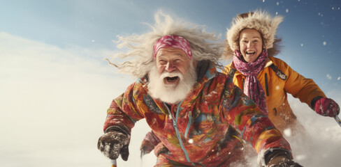 Fototapeta premium A happy pair at a ski vacation, immersing themselves in the adrenaline rush of winter sports.