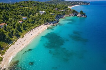 Aerial view of Porto Timoni beach in Greece's Corfu. Generative AI