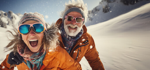 An enthusiastic family couple embarks on a thrilling holiday at the ski resort, relishing extreme winter adventures.