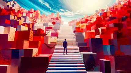 Man standing on set of stairs in front of sky filled with cubes.