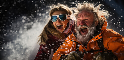 In the heart of a winter wonderland, a couple finds delight as they slide down a snowy slope with smiles and laughter.