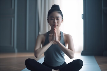 Fitness asian woman doing yoga stretching exercise on ma