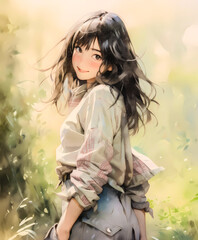 森の中で笑顔で振り返るきれいな若い女性