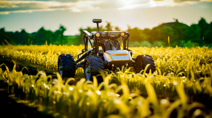 Fototapeta premium Tractor that is sitting in the middle of field of yellow flowers.