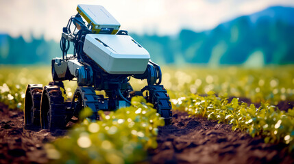 Small robot in the middle of field with camera attached to it. - obrazy, fototapety, plakaty
