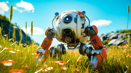 Robot in field of grass with daisies in the foreground.