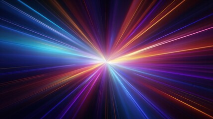 Abstract dark background of light with stripes of colorful rays moving from the center.