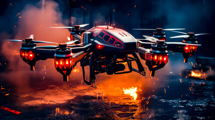 Red and black remote controlled flying over body of water with fire in the background.