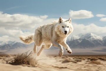 A swift white wolf dashing through the landscape. Generative AI - obrazy, fototapety, plakaty