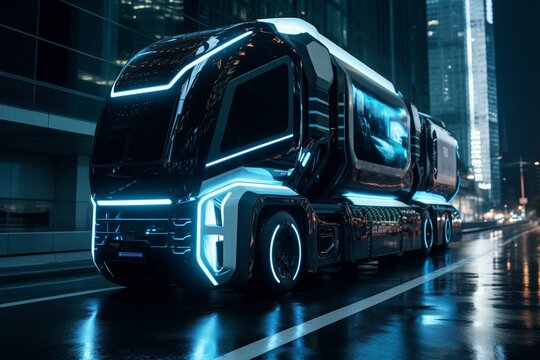 Midnight: An autonomous truck speeds through a futuristic city. Generative AI