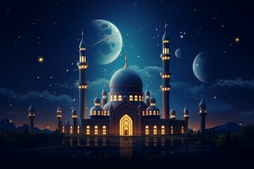 Obraz premium Mosque with dome and minaret on a night sky. Symbolic of Islam and Ramadan. Generative AI