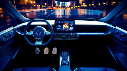 The inside of car with steering wheel, dashboard, and display screen. - obrazy, fototapety, plakaty