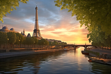 sunset of Paris Eiffel Tower and Seine 