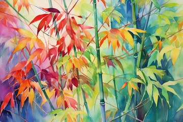 Colorful watercolor painting of bamboo with vibrant foliage. Generative AI