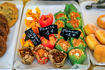 Terrine of foie gras or duck liver pate with fat on top in a mold at a stall in Cours Saleya market, Old Town or Vieille Ville, Nice, South of France
