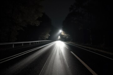 A nighttime drive through a foggy forest, with car headlights breaking through the fog creating a beautiful and atmospheric journey down a winding road.