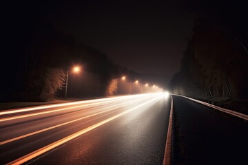 Obraz premium A bustling urban night scene on a well-lit highway as cars rush past leaving bright trails of red and white lights in the dark, creating a dynamic and vibrant cityscape.