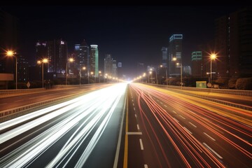 In a bustling city, the highway turns into a blur of fast moving cars in bright night light.
