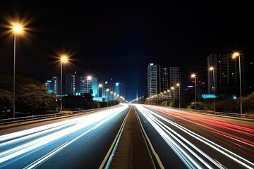 Fototapeta na wymiar Night city lights create a fast moving city blur as cars race down the highway.